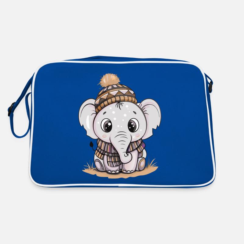 Éléphant mignon avec écharpe et chapeau à pompon. Sac Retro