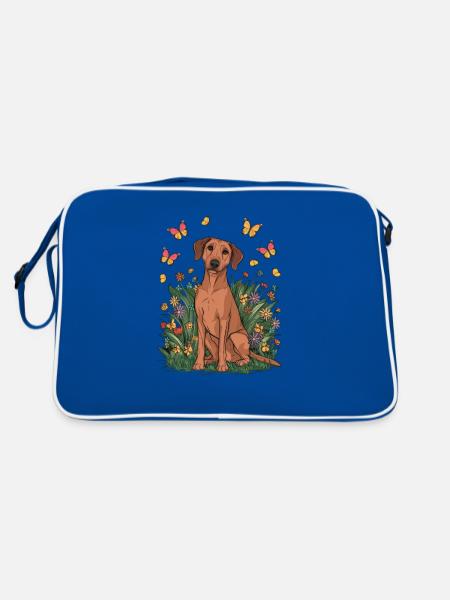 Cartoon Lion Dog with Flowers and Butterflies - Retro Bag - blue/white - Back