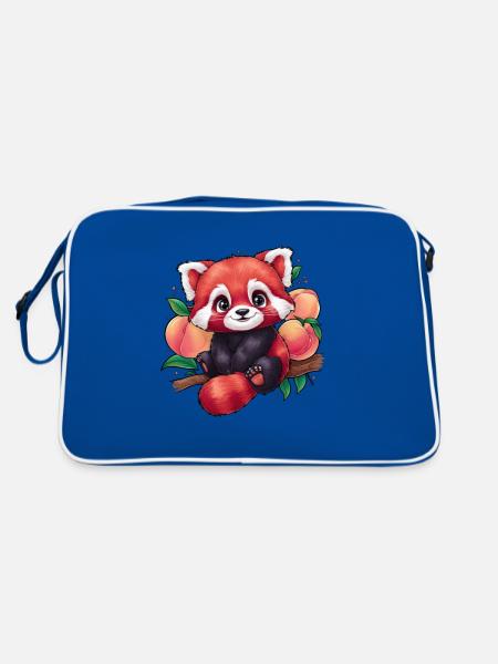 Süßer Kawaii Panda mit Aprikosen und Pfirsichen - Retro Tasche - Blau/Weiß - Hinten
