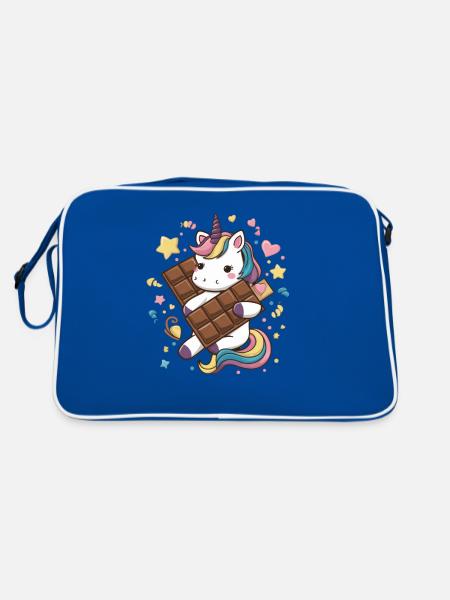 Süßes Kawaii Einhorn mit Schokolade - Retro Tasche - Blau/Weiß - Hinten
