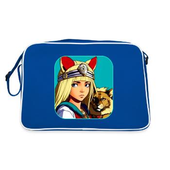 Cooles Anime Manga Girl mit Löwe - Retro Tasche - Blau/Weiß - Hinten