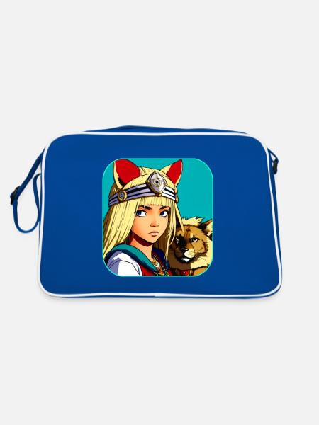 Cooles Anime Manga Girl mit Löwe - Retro Tasche - Blau/Weiß - Hinten