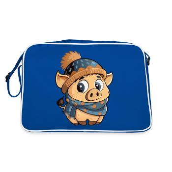 Niedliches Schwein mit Schal und Pudelmütze. - Retro Tasche - Blau/Weiß - Hinten