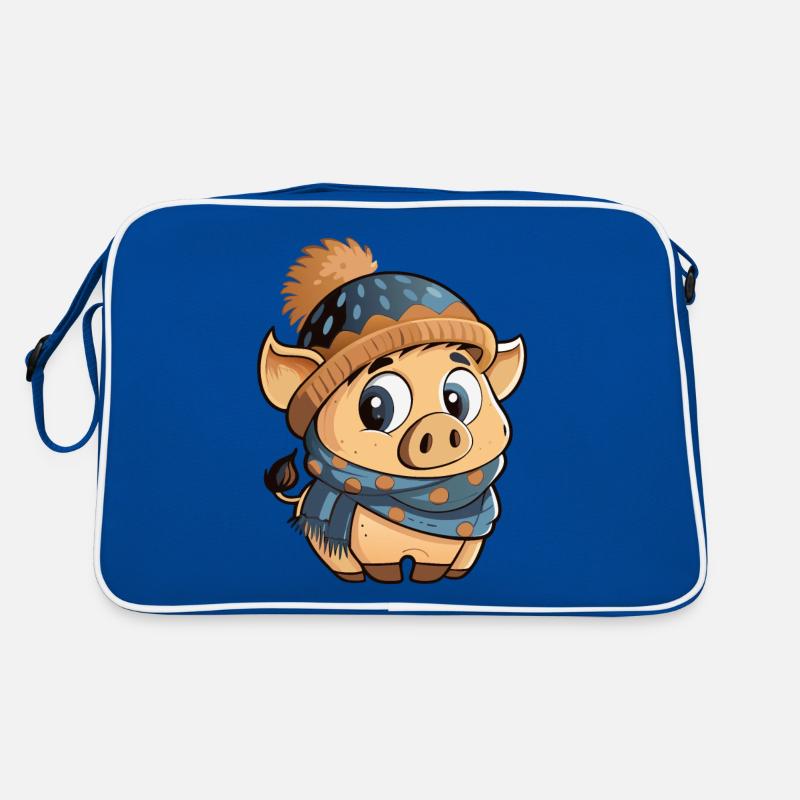 Mignon cochon avec écharpe et chapeau à pompon. Sac Retro