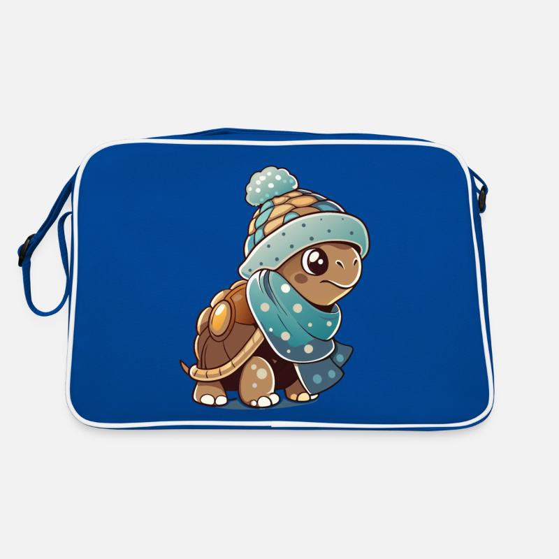 Tortue mignonne avec écharpe et chapeau à pompon. - Sac Retro - bleu/blanc