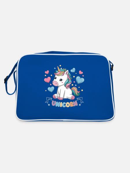 Niedliches Kawaii Einhorn mit Herzen - Retro Tasche - Blau/Weiß - Hinten