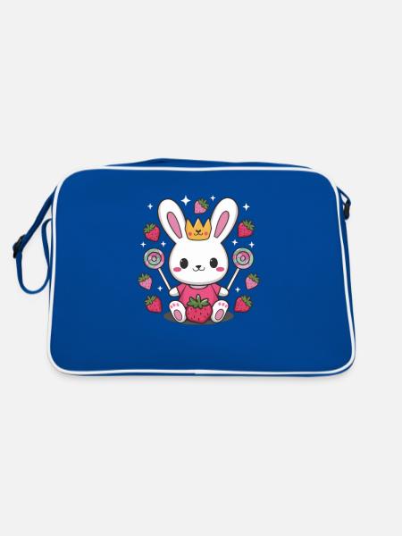 Süßer Kawaii Hase mit Erdbeeren und Süßigkeiten - Retro Tasche - Blau/Weiß - Hinten