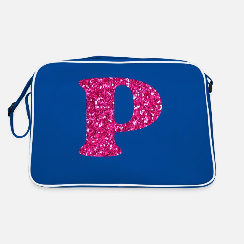 Glitzer rosa Buchstabe p - Retro Tasche - Blau/Weiß