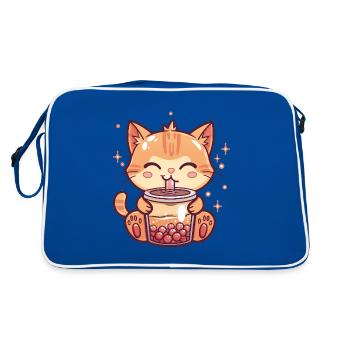 Katze trinkt Bubble Tea - Retro Tasche - Blau/Weiß - Hinten