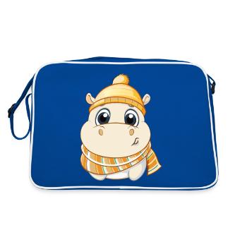 Niedliches Nilpferd mit Schal und Pudelmütze. - Retro Tasche - Blau/Weiß - Hinten