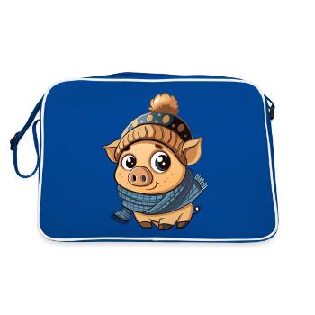 Niedliches Schweinchen mit Schal und Pudelmütze. - Retro Tasche - Blau/Weiß - Hinten
