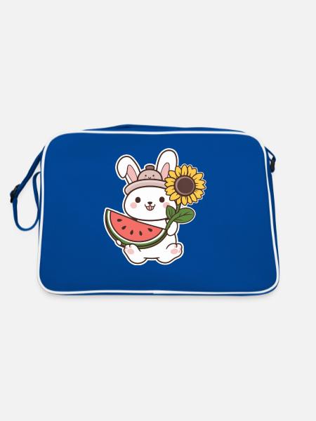 Kawaii Hase mit Sonnenblume und Wassermelone - Retro Tasche - Blau/Weiß - Hinten