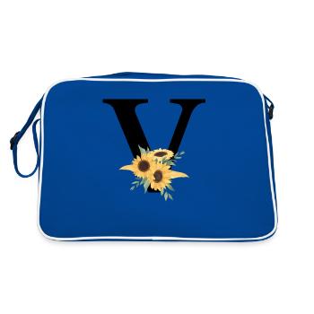 Buchstabe v blumige Sonnenblume - Retro Tasche - Blau/Weiß - Hinten