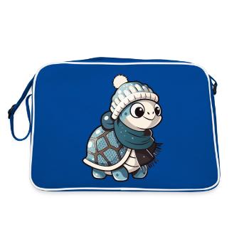 Niedliche Schildkröte mit Schal und Pudelmütze. - Retro Tasche - Blau/Weiß - Hinten
