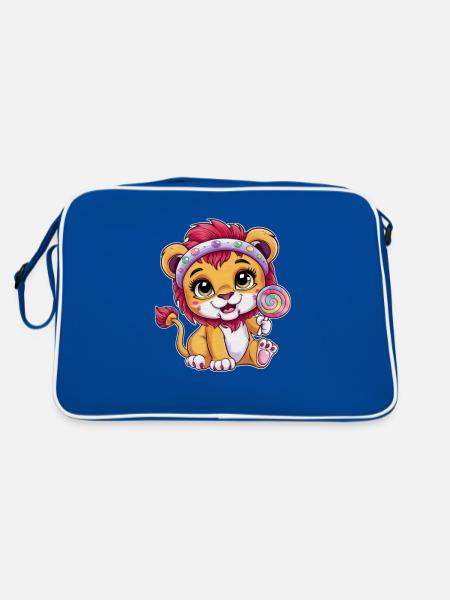 Süßer Kawaii Löwe mit Süßigkeiten - Retro Tasche - Blau/Weiß - Hinten