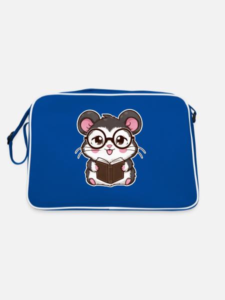 Schnuffiger Kawaii Hamster mit Buch & Lesebrille - Retro Tasche - Blau/Weiß - Hinten
