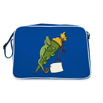 Chameleon with school cone and slip of paper - Retro Bag - blue/white - Back
