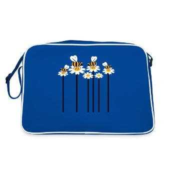 Lots of bees, bumblebees, daisies, pollinating flowers - Retro Bag - blue/white - Back