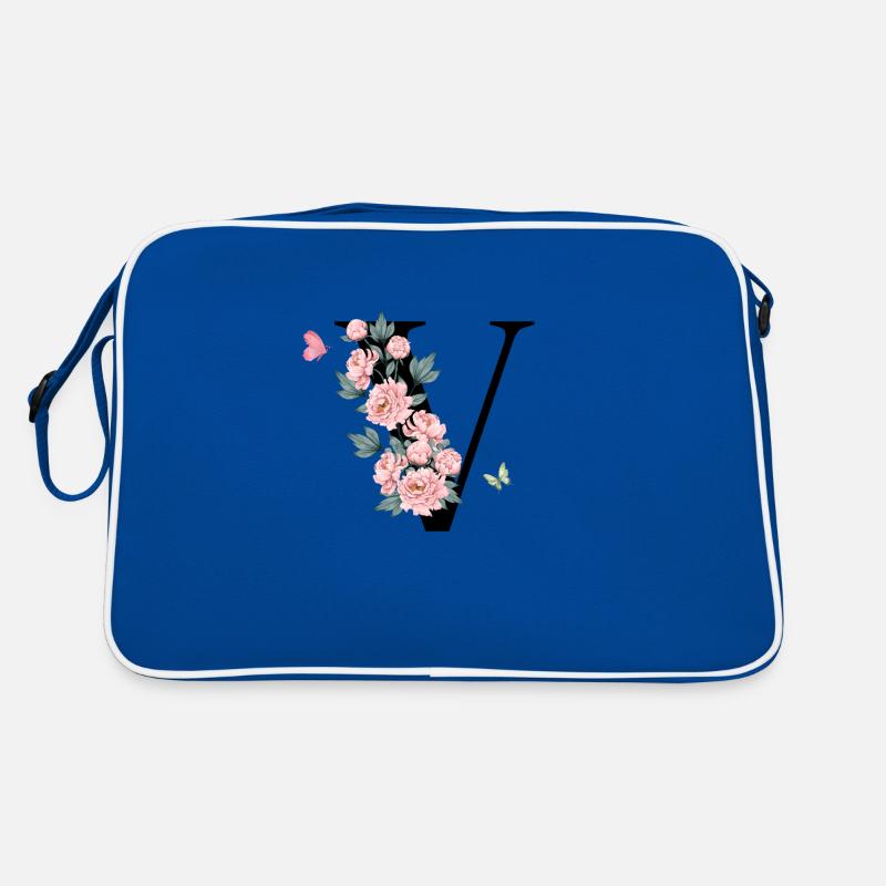 Buchstabe v rosa Blumen - Retro Tasche - Blau/Weiß