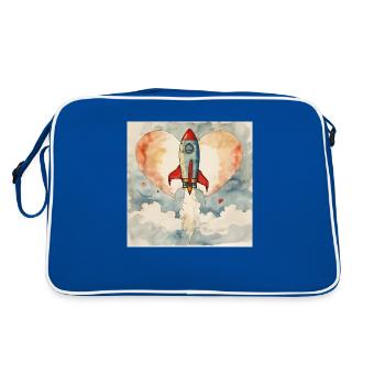 Raketen Start vor rotem Mond in Herzform - Retro Tasche - Blau/Weiß - Hinten