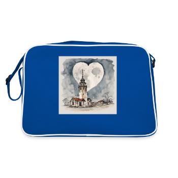 Kirche / Leuchtturm im Dorf unter Mond-Herz-Form - Retro Tasche - Blau/Weiß - Hinten