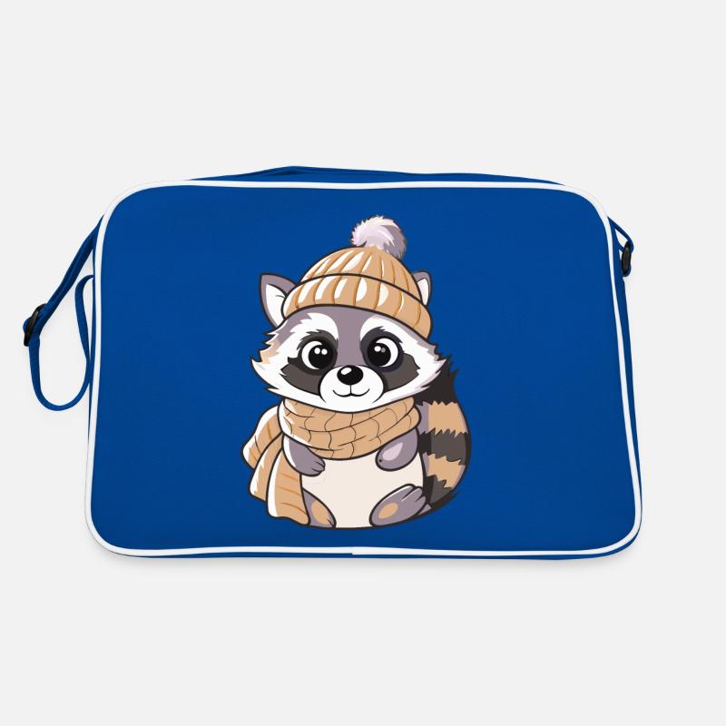 Raton laveur mignon avec écharpe et chapeau à pompon. Sac Retro