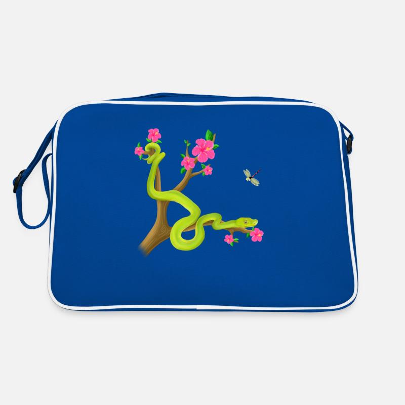 Le serpent Python vert sur l’arbre avec des fleurs Sac Retro