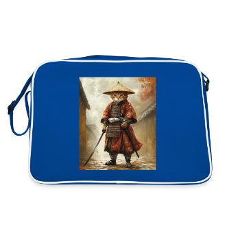 Katze Samurai - Retro Tasche - Blau/Weiß - Hinten