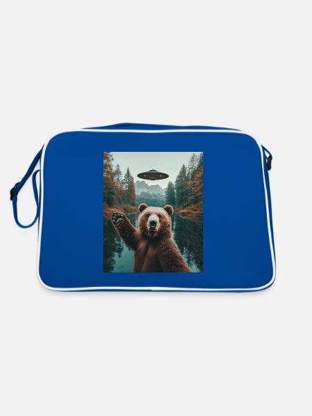 Bär Selfie mit UFO Aliens - Retro Tasche - Blau/Weiß