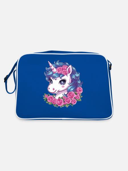 Kawaii Einhorn mit Rosen - Retro Tasche - Blau/Weiß - Hinten