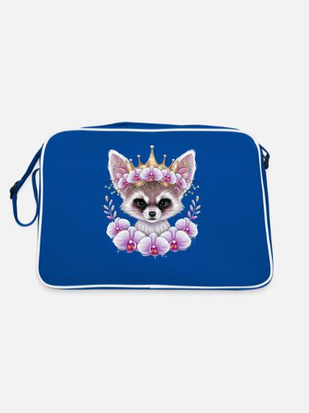 Fennek Wüstenfuchs mit Krone und Orchideen - Retro Tasche - Blau/Weiß - Hinten