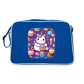 Cute Thick Unicorn with Cake and Cup Cakes - Retro Bag - blue/white - Back
