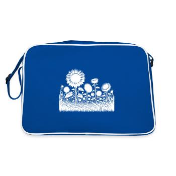 Sonnenblumen auf einem großen Feld - Retro Tasche - Blau/Weiß - Hinten