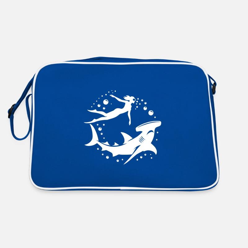 Hammerhead shark and diver floating underwater Retro Bag