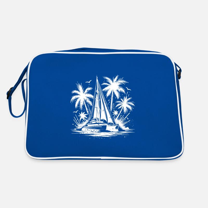 Doppelrumpf Katamaran Segleboot mit Palmen - Retro Tasche - Blau/Weiß