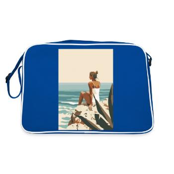 Un moment de repos, femme sur des rochers au bord de la mer | IA - Sac Retro - bleu/blanc - Dos
