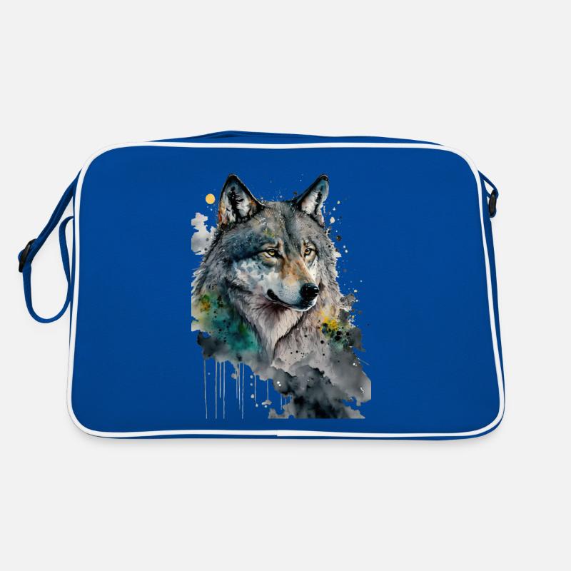 Wolf Wasserfarben Kunst Malerei Aquarell - Retro Tasche - Blau/Weiß