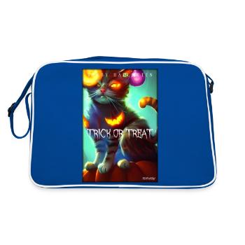 Happy Halloween Grummel Katze Kürbis Süßes Saures - Retro Tasche - Blau/Weiß - Hinten