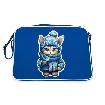 Katze mit Mütze, Schal und Jacke - Retro Tasche - Blau/Weiß - Hinten