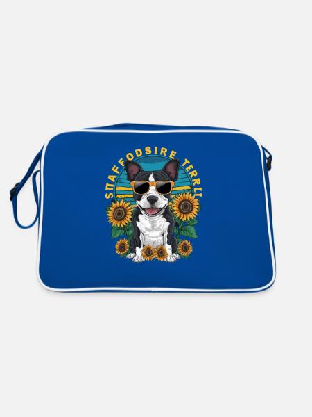 Staffordshire Bull Terrier mit Sonnenblumen - Retro Tasche - Blau/Weiß - Hinten