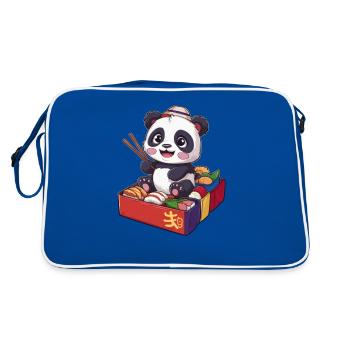 Roter Kawaii Panda mit Lunch Box - Retro Tasche - Blau/Weiß - Hinten