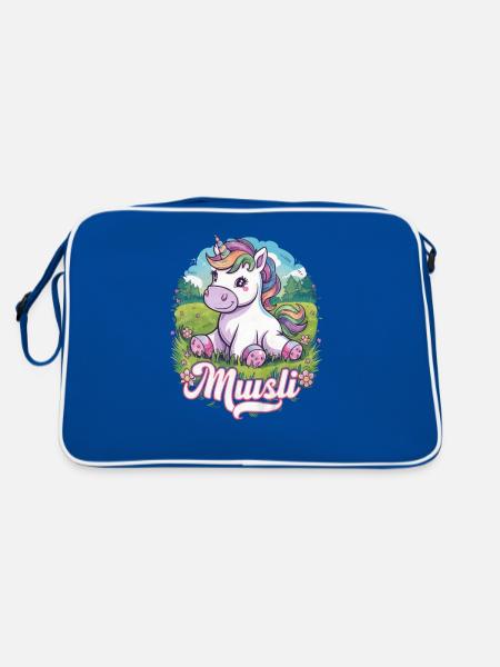 Kawaii Einhorn auf Blumenwiese - Retro Tasche - Blau/Weiß - Hinten