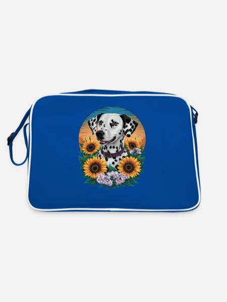 Süßer Dalmatiner mit Sonnenblumen und Flieder - Retro Tasche - Blau/Weiß - Hinten