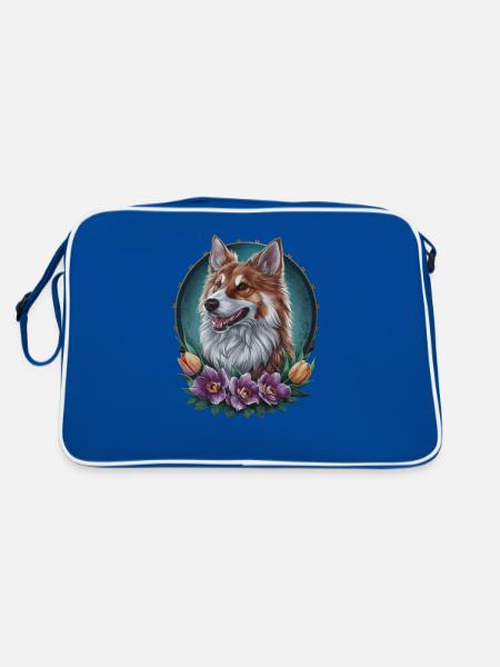 Norwegian Elkhound with Tulips and Flowers - Retro Bag - blue/white - Back