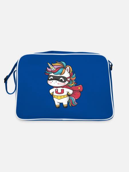 Mutiges Einhorn als Superheld - Retro Tasche - Blau/Weiß - Hinten