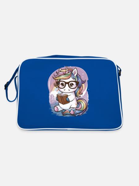 Kawaii Einhorn mit Brille und Buch - Retro Tasche - Blau/Weiß - Hinten