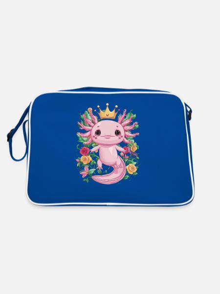 Königlicher Kawaii Axolotl mit Krone und Rosen - Retro Tasche - Blau/Weiß - Hinten