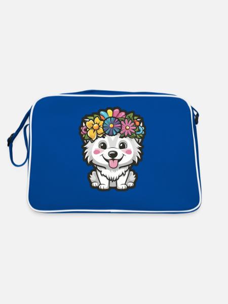 Samoyed Dog with Flower Crown - Retro Bag - blue/white - Back