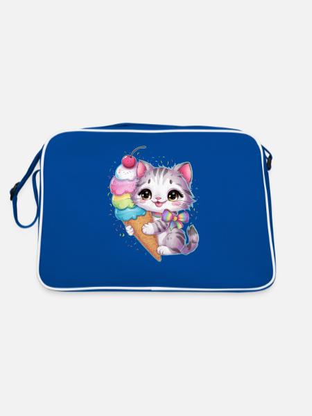 Cute cartoon cat loves waffle cream - Retro Bag - blue/white - Back