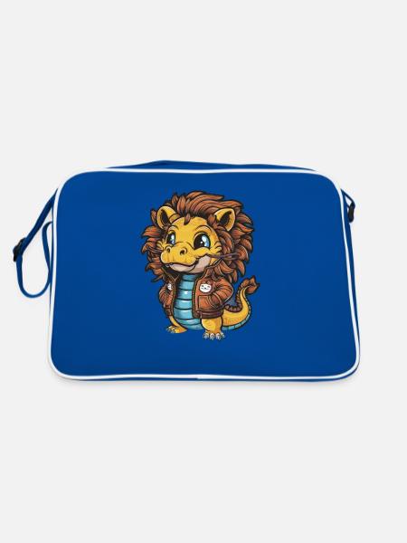 Süßer Cartoon Kawaii Drache im Löwen Outfit. - Retro Tasche - Blau/Weiß - Hinten